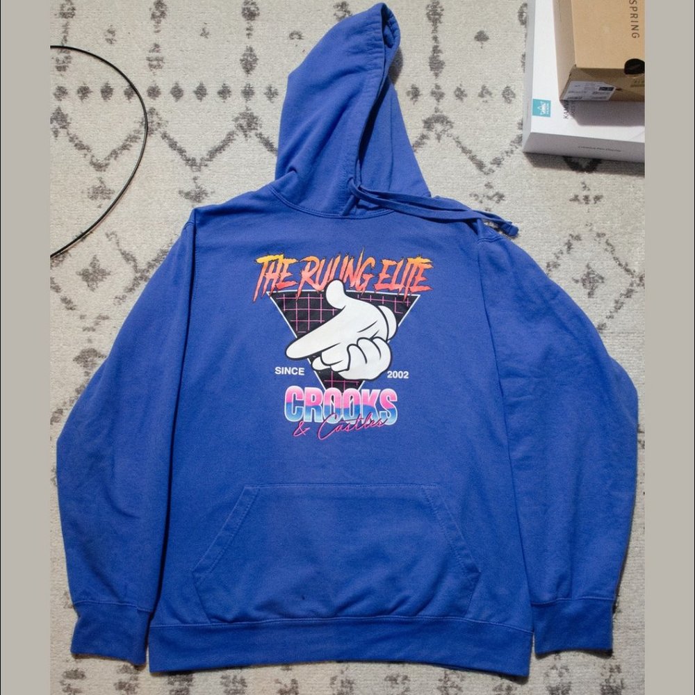 Crooks & Castles Hoodie L Blue Pullover Sweatshirt Illuminati Air Gun Logo